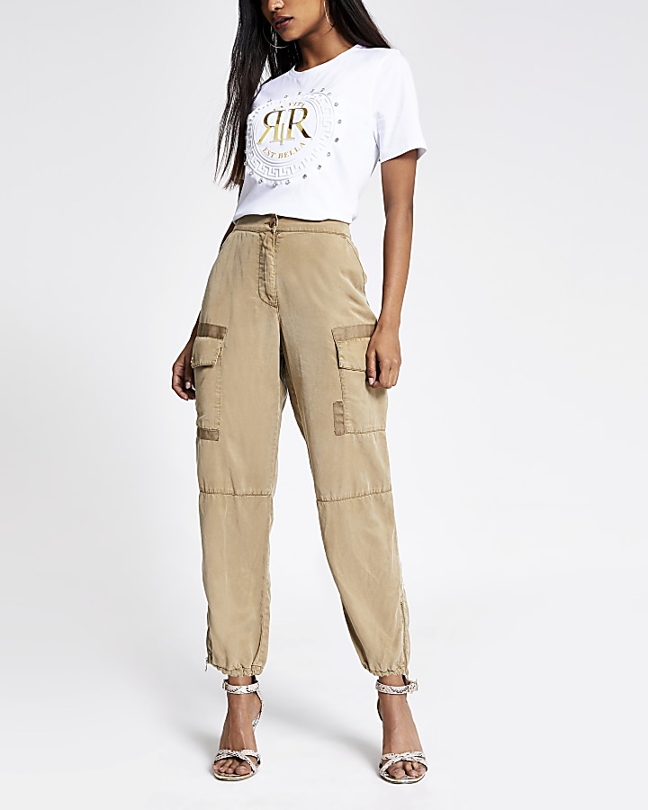 Petite beige Hailey utility trousers