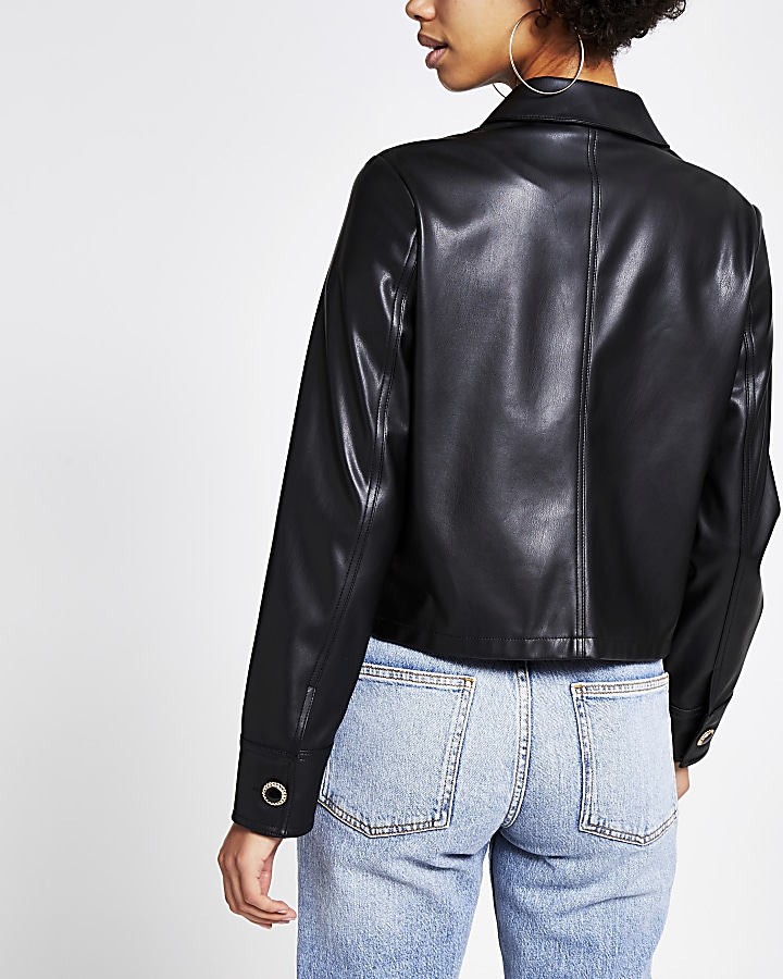 Black faux leather cropped shirt