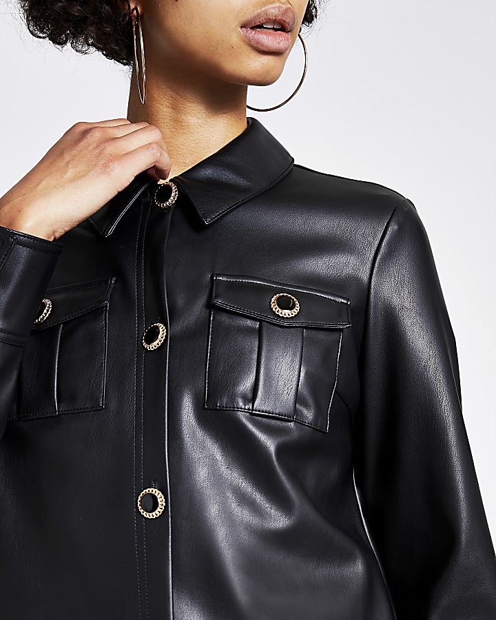 Black faux leather cropped shirt