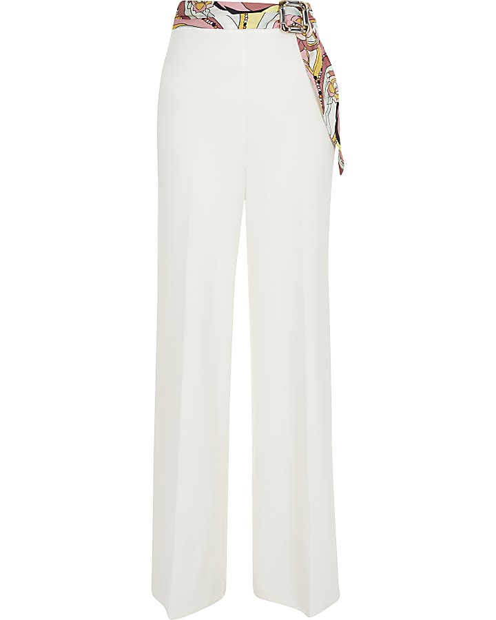 White scarf print belted wide leg trousers