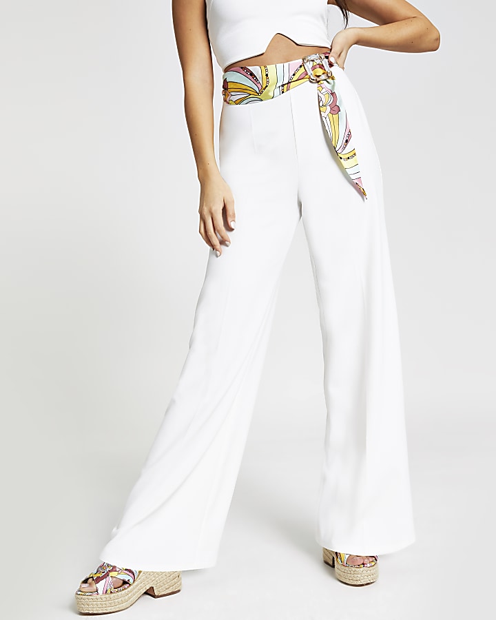 White scarf print belted wide leg trousers