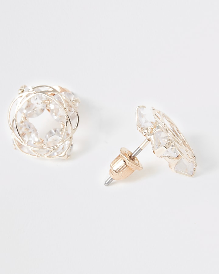 Rose gold colour diamante swirl stud earrings