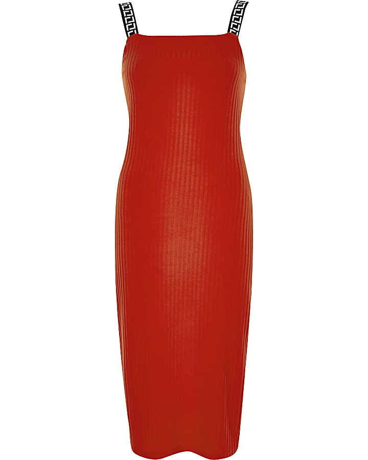 Red ribbed midi dress