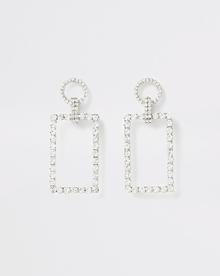 Silver colour diamante rectangle drop earring