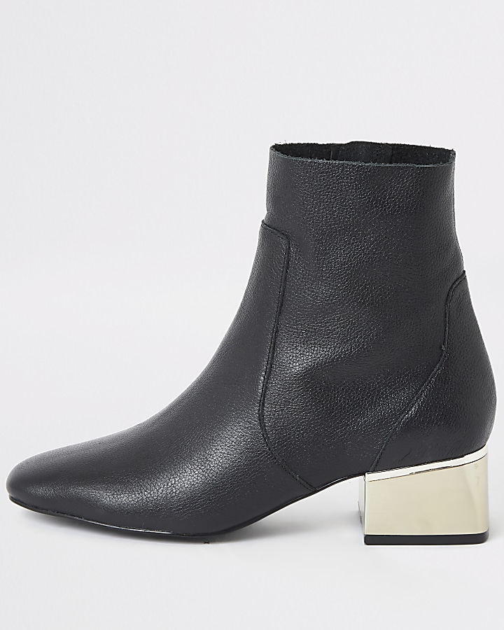 Black gold tone block heel wide fit boots