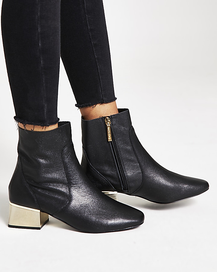 Black gold tone block heel wide fit boots