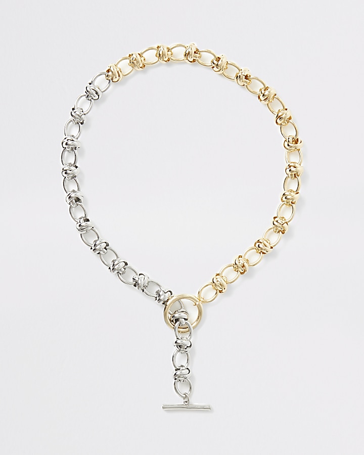 Mixed silver and gold colour chain necklace
