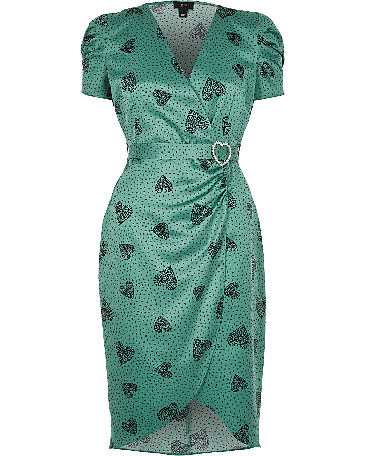 Petite green heart print belted tea dress