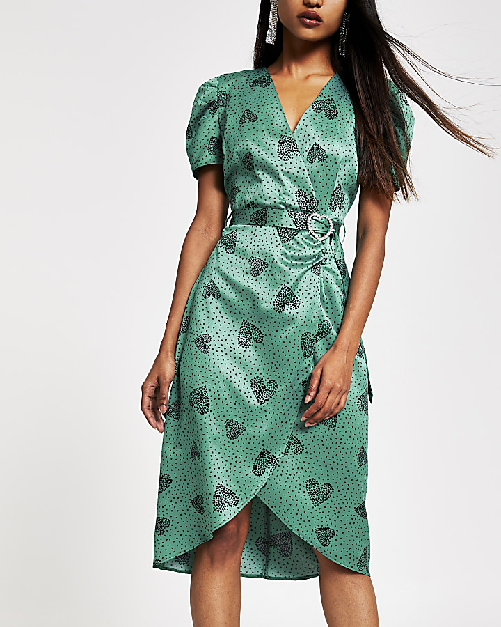 Petite green heart print belted tea dress
