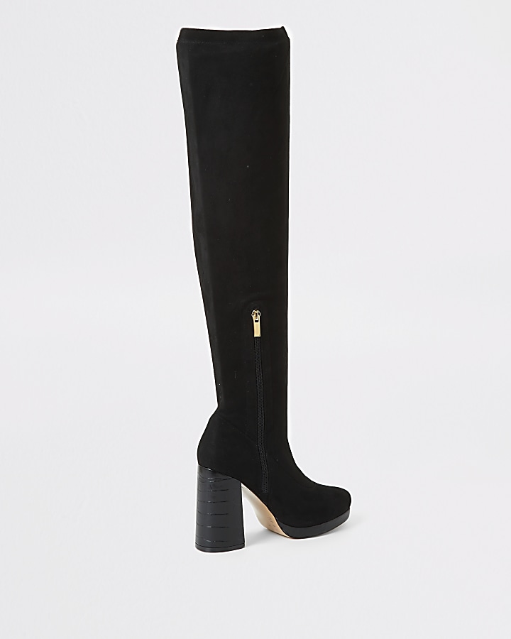 Black croc embossed over the knee boots