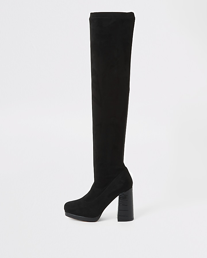 Black croc embossed over the knee boots