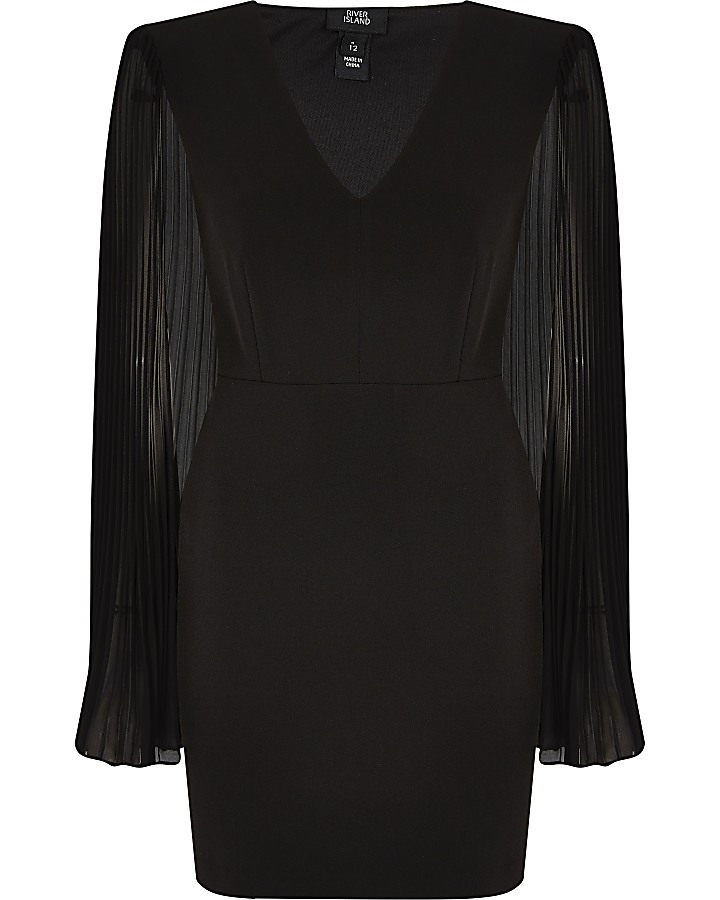 Black pleated sleeve mini bodycon dress