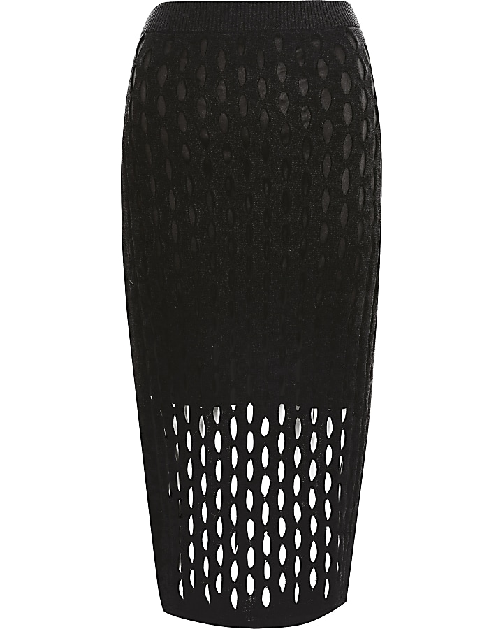 Black mesh fitted midi skirt