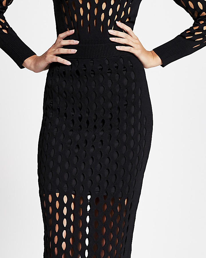 Black mesh fitted midi skirt