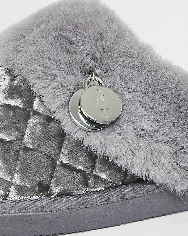Grey quilted faux fur mule slippers