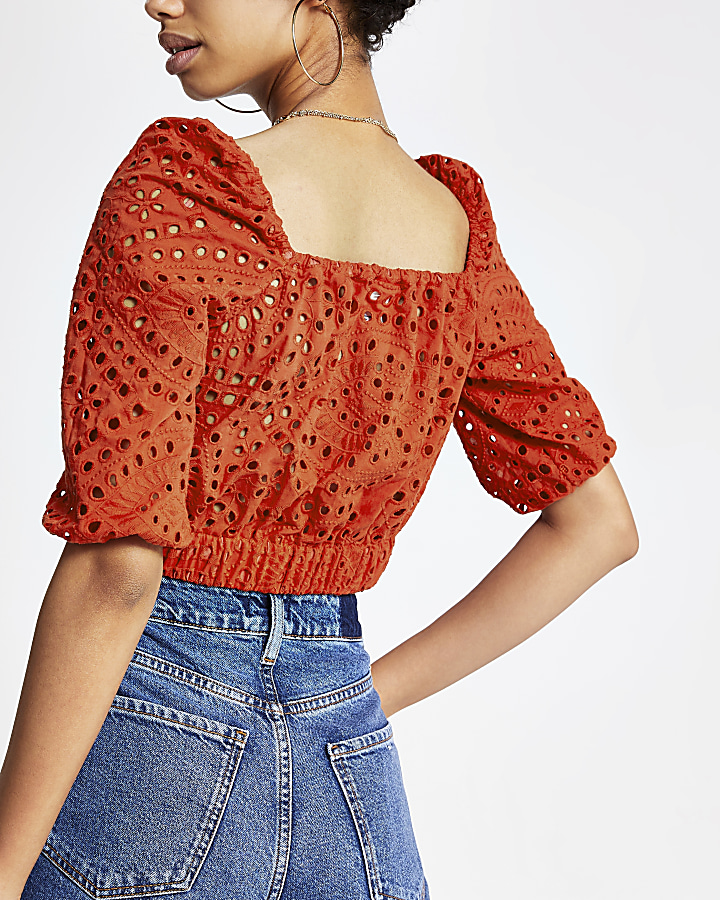 Red broderie puff sleeve crop top