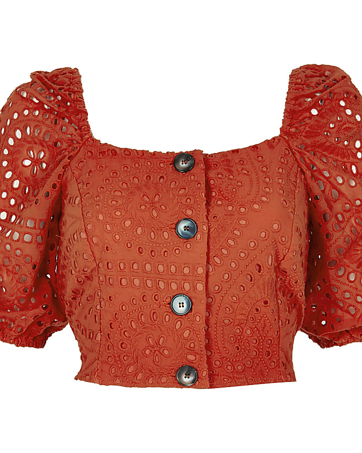 Red broderie puff sleeve crop top