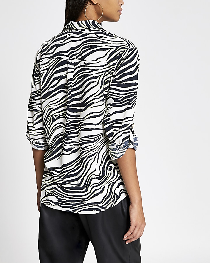 White zebra print long sleeve utility shirt