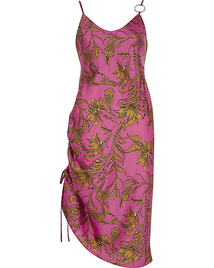 Pink printed ruched slip midi dress