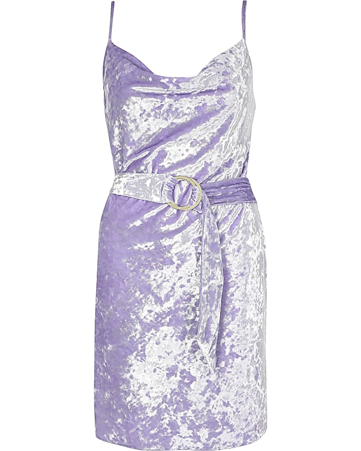 Light purple cowl neck belted slip dress