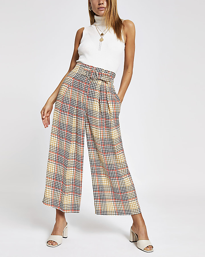 Beige check cropped trousers