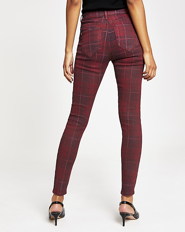 Red tartan coated Molly mid rise jegging