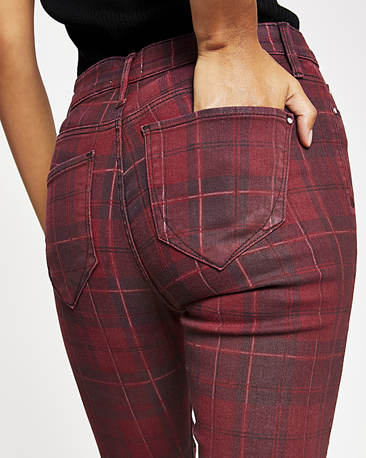 Red tartan coated Molly mid rise jegging