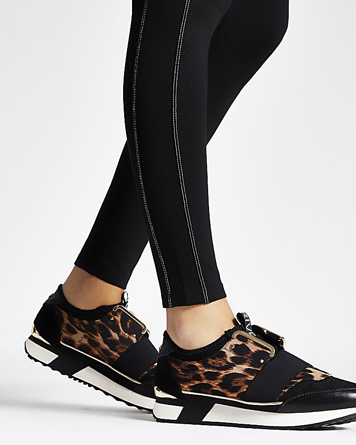 Black leopard print elasticated trainers