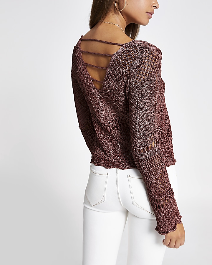 Pink long sleeve crochet knit top
