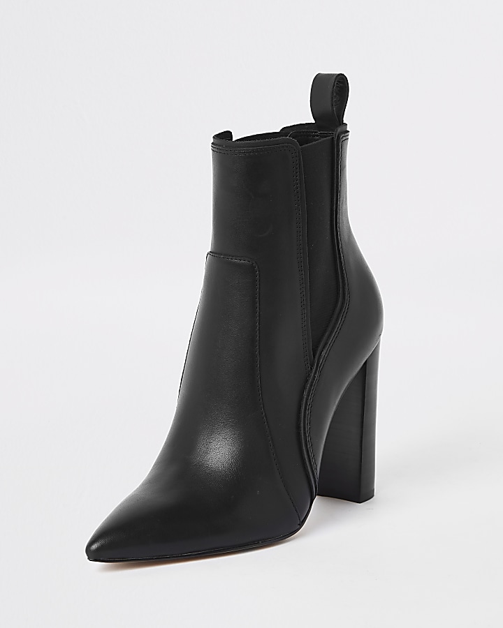 Black leather pointed western heeled boot