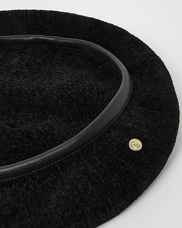 Black chenille faux leather trim beret