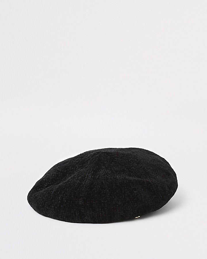 Black chenille faux leather trim beret