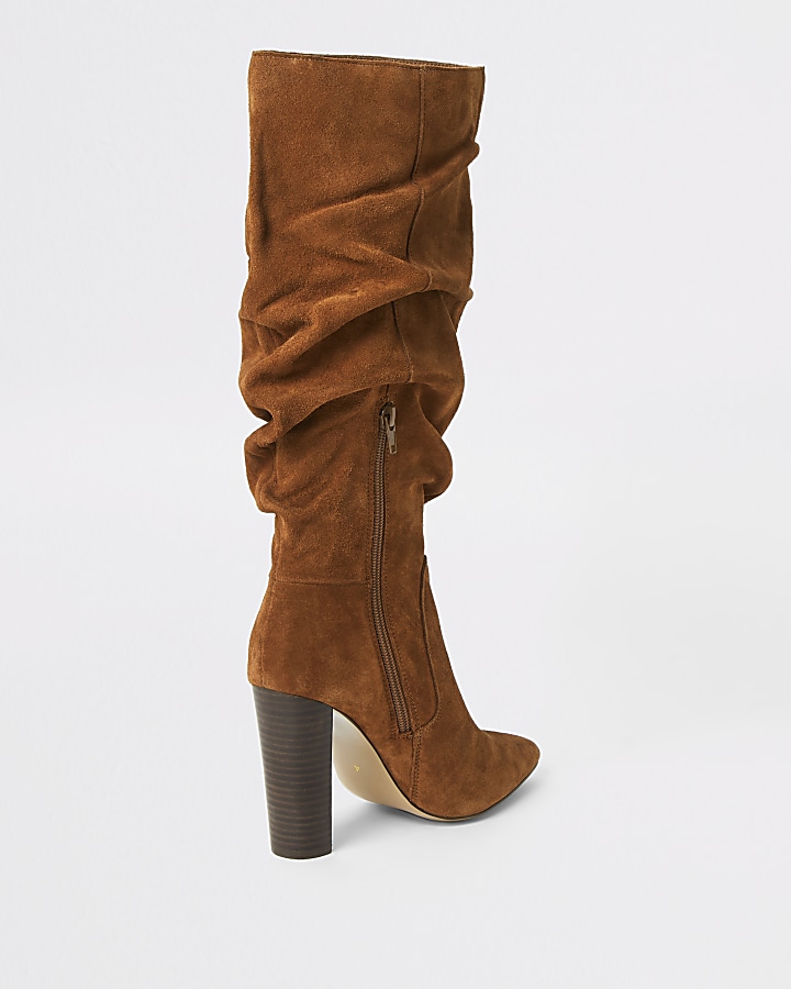 Dark orange suede heeled slouch boots