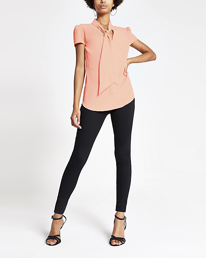 Coral tie neck short sleeve blouse