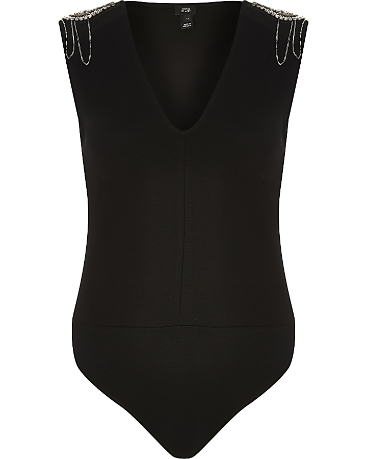 Black shoulder embellished bodysuit