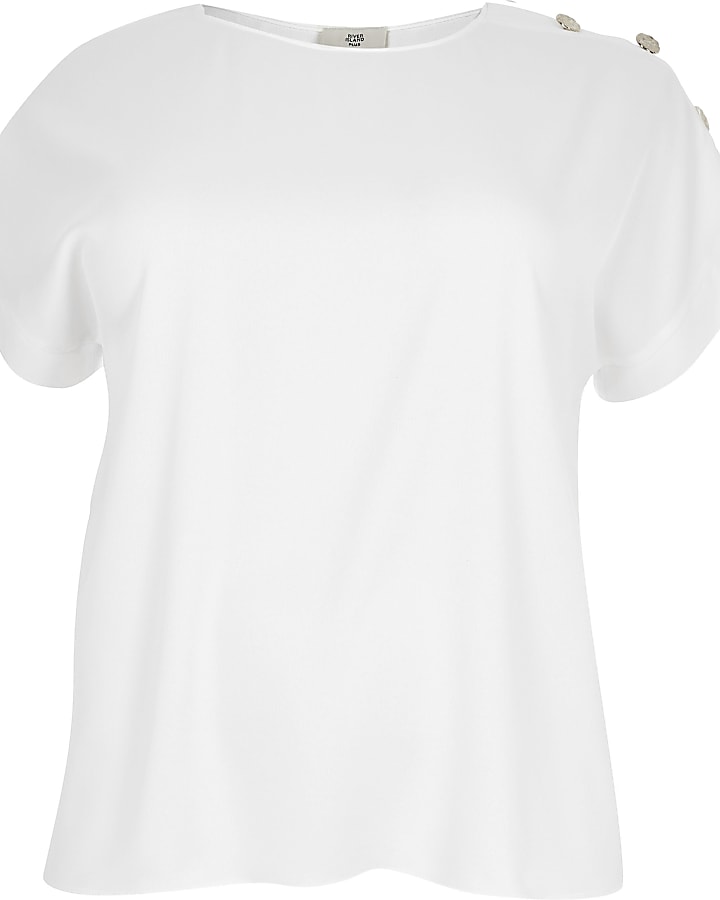 Plus white button shoulder T-shirt