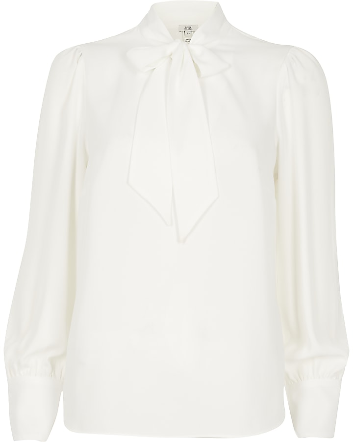 White tie neck long sleeve blouse