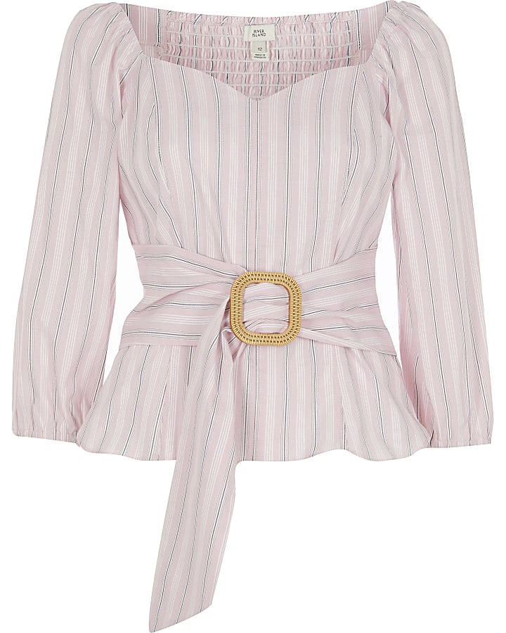 Pink stripe belted puff sleeve top
