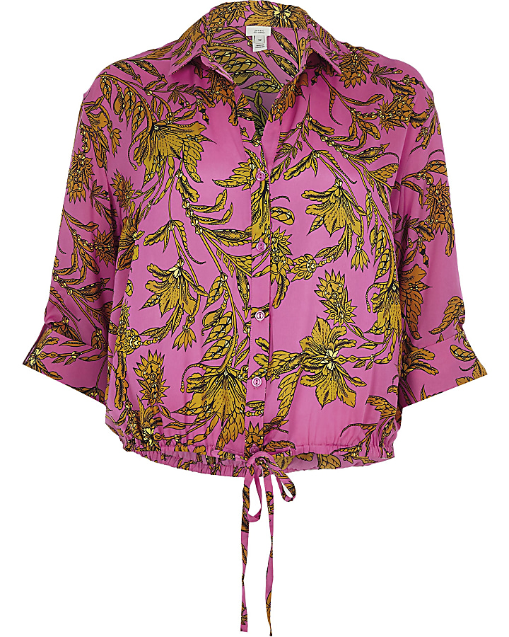 Pink print drawstring shirt