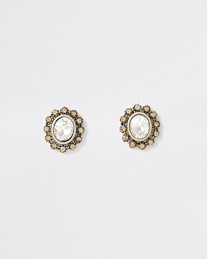 Gold colour oval crystal stud earrings