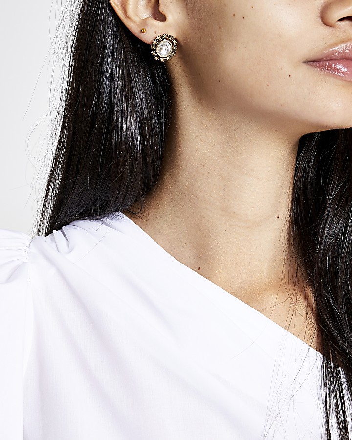 Gold colour oval crystal stud earrings