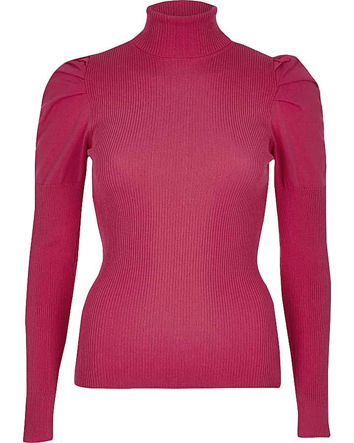 Bright pink long puff sleeve high neck top