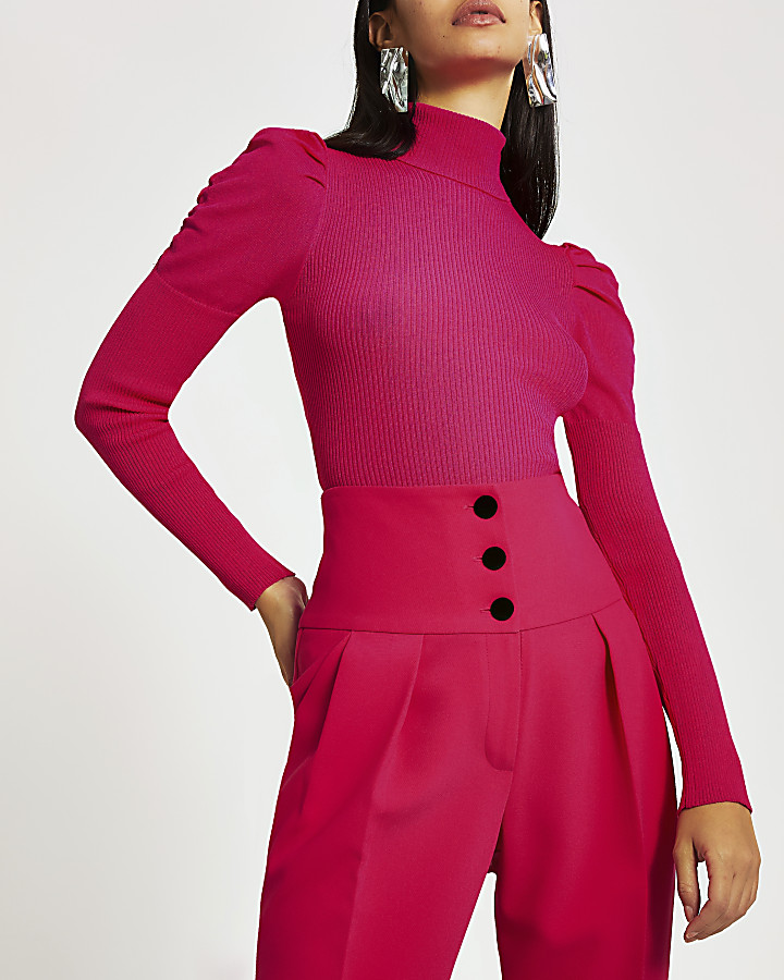 Bright pink long puff sleeve high neck top