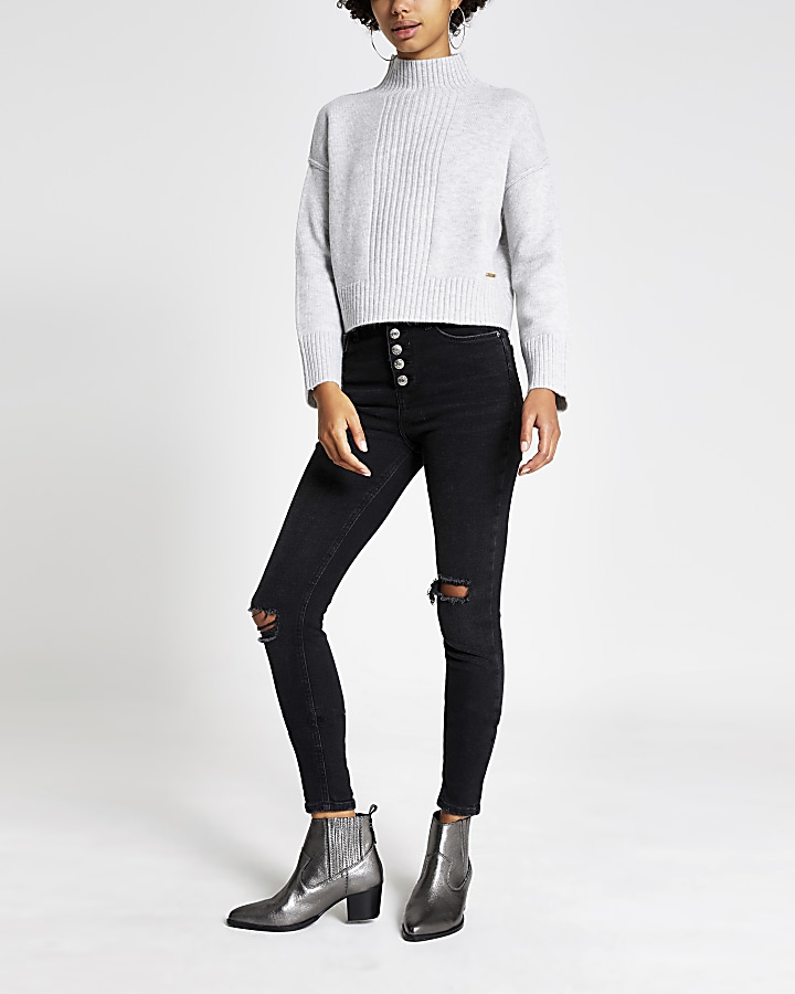 Grey high neck cropped knitted jumper