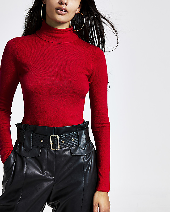 Red long sleeve roll neck knitted top