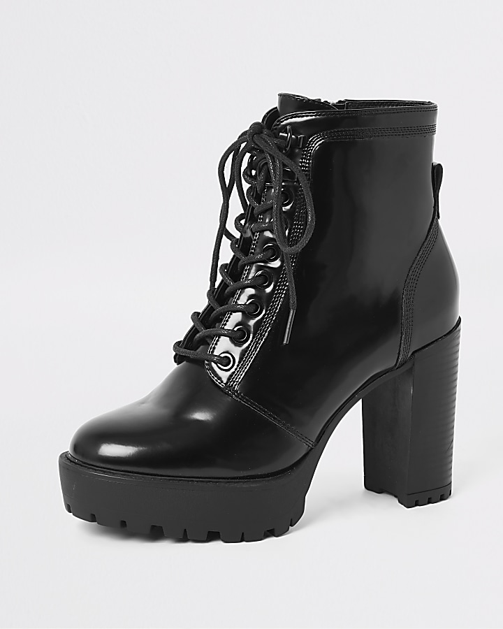 Black lace-up high heeled ankle boots