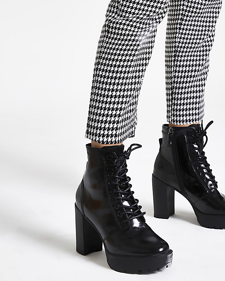 Black lace-up high heeled ankle boots