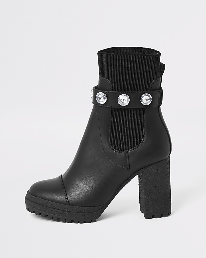 Black embellished strap sock boot