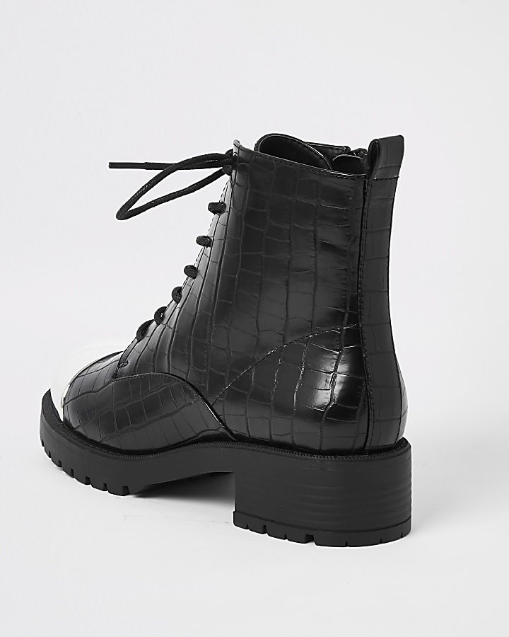 Black croc embossed lace-up boots