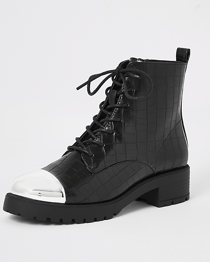 Black croc embossed lace-up boots